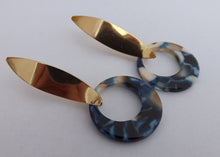 Load image into Gallery viewer, Blue Acrylic Ring Drop Earrings on Gold Tone Stud Setting
