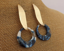 Load image into Gallery viewer, Blue Acrylic Ring Drop Earrings on Gold Tone Stud Setting
