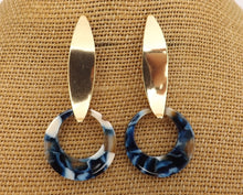 Load image into Gallery viewer, Blue Acrylic Ring Drop Earrings on Gold Tone Stud Setting
