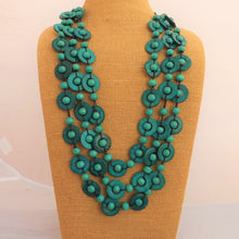 Load image into Gallery viewer, Blue Chunky Triple Strand Wooden Bead Necklace on Black Cord
