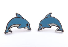 Load image into Gallery viewer, Blue &amp; Silver Tone Dolphin Stud Earrings
