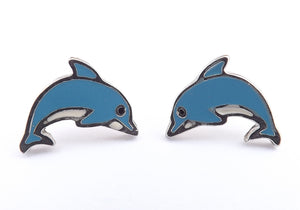 Blue & Silver Tone Dolphin Stud Earrings