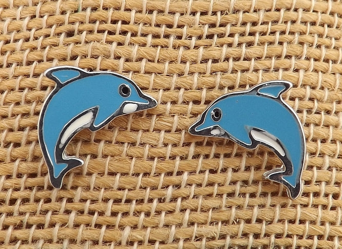 Blue & Silver Tone Dolphin Stud Earrings