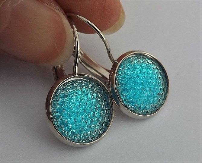 Blue Dotted Dome Earrings on Lever Back Hooks