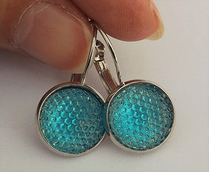 Blue Dotted Dome Earrings on Lever Back Hooks