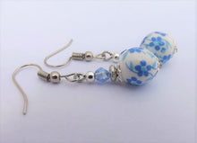 Load image into Gallery viewer, Blue Flowers on White Bead Earrings
