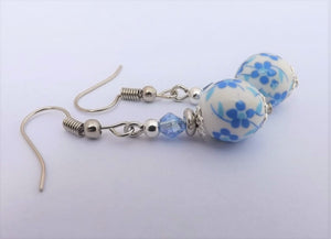 Blue Flowers on White Bead Earrings