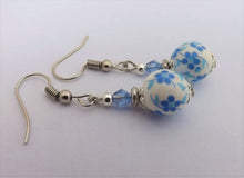 Load image into Gallery viewer, Blue Flowers on White Bead Earrings
