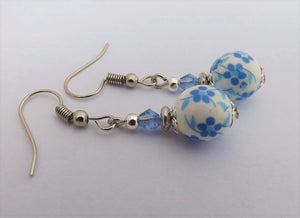 Blue Flowers on White Bead Earrings