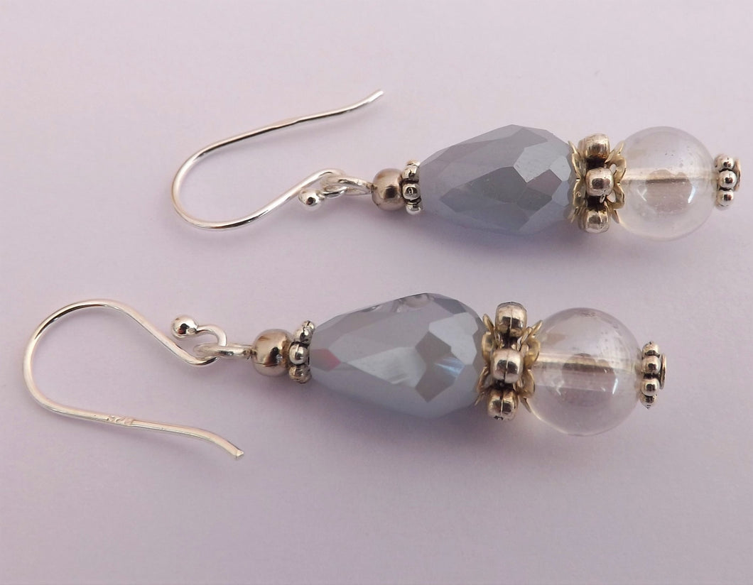 Blue Grey & Clear Bead Earrings