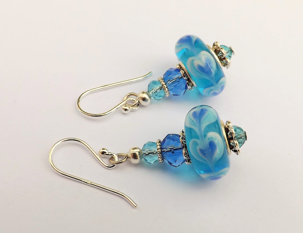 Blue Love Hearts Art Glass Bead Earrings on Sterling Silver Hooks