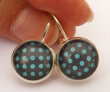 Load image into Gallery viewer, Blue Polka Dots - Silver Tone Dome Earrings on Lever Back Hooks
