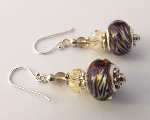 Blue Print on Tan Acrylic Bead Earrings on Sterling Silver Hooks