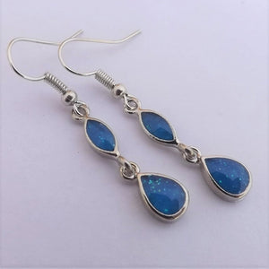 Blue Sparkly White & Silver Tone Drop Earrings