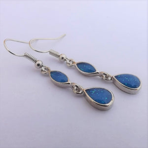 Blue Sparkly White & Silver Tone Drop Earrings