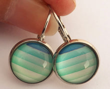 Load image into Gallery viewer, Blue Stripes - Silver Tone Dome Earrings on Lever Back Hooks
