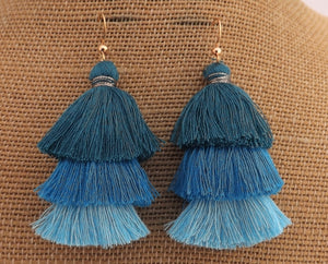 Blue Triple Layered Tassel Earrings