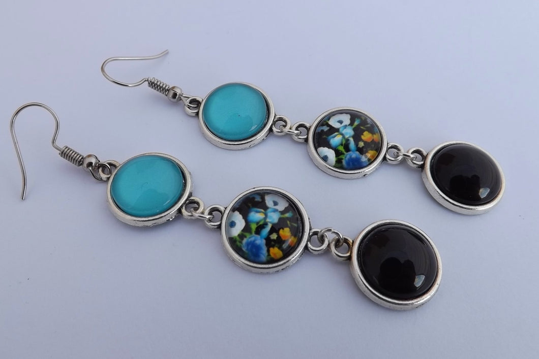 Blue & Black Floral Triple Dome Drop Earrings