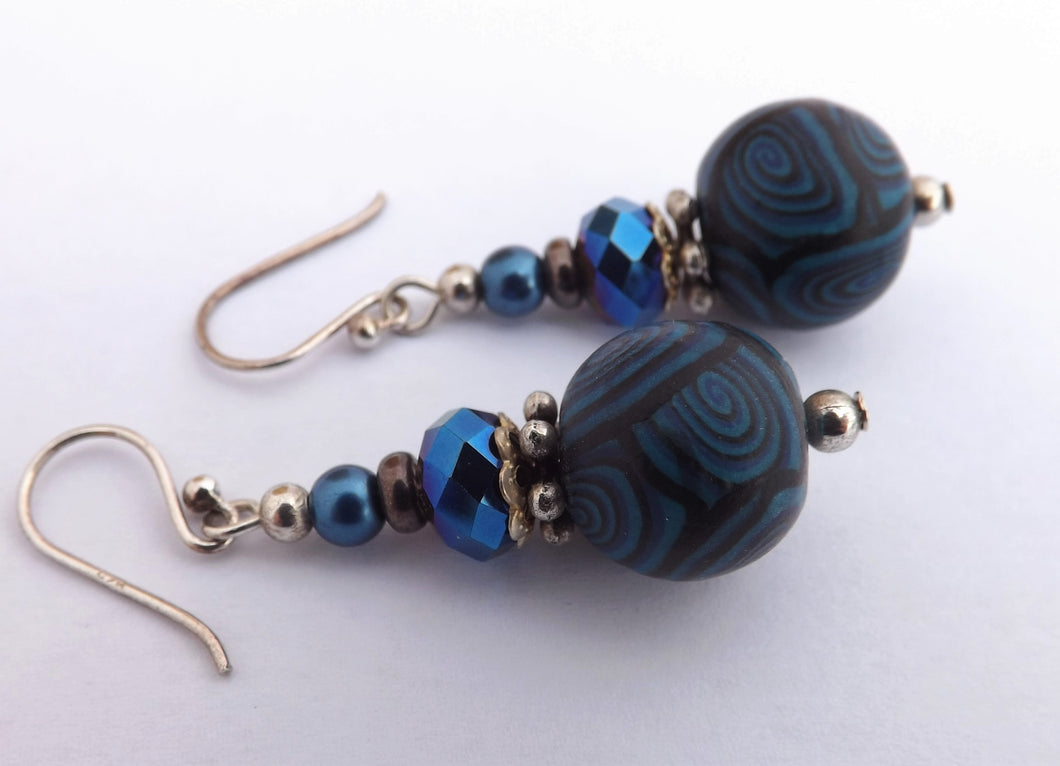 Blue & Black Kathryn Design Bead Earrings on Sterling Silver Hooks