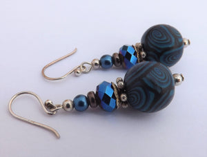 Blue & Black Kathryn Design Bead Earrings on Sterling Silver Hooks