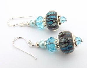 Blue, Black & Cream Acrylic Bead Earrings on Sterling Silver Hooks