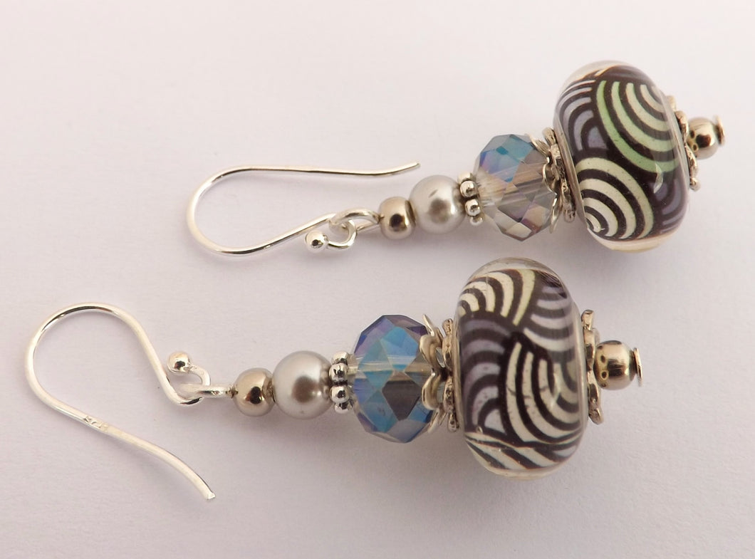 Blue, Black & White Swirls Acrylic Bead Earrings on Sterling Silver Hooks