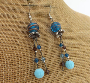 Blue & Brown Glass Bead Handmade Drop Earrings