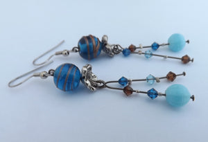 Blue & Brown Glass Bead Handmade Drop Earrings