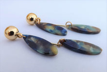 Load image into Gallery viewer, Blue, Brown &amp; Gold Tone Acrylic Drop Earrings
