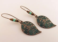 Load image into Gallery viewer, Blue Long Leaf Earrings (gold or copper tone)
