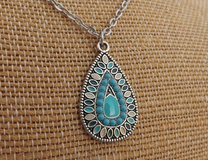 Blue, Cream & Silver Tone Dotted Teardrop Pendant Necklace