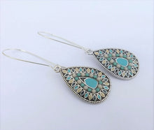 Load image into Gallery viewer, Blue, Cream &amp; Silver Tone Teardrop Dotted Earrings on Long Kidney Hooks
