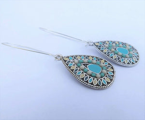 Blue, Cream & Silver Tone Teardrop Dotted Earrings on Long Kidney Hooks