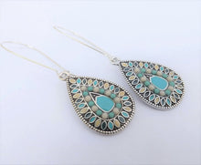 Load image into Gallery viewer, Blue, Cream &amp; Silver Tone Teardrop Dotted Earrings on Long Kidney Hooks
