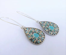 Load image into Gallery viewer, Blue, Cream &amp; Silver Tone Teardrop Dotted Earrings on Long Kidney Hooks
