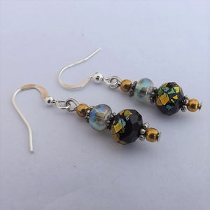 Blue & Gold Flecks on Black Crystal Cut Bead Earrings