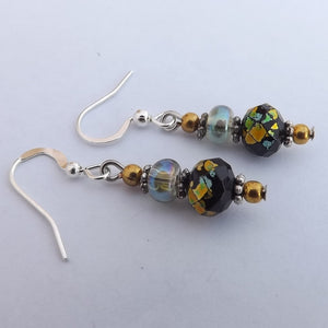 Blue & Gold Flecks on Black Crystal Cut Bead Earrings