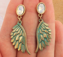 Load image into Gallery viewer, Blue &amp; Gold Tone Angel Wing Drop Earrings on Stud Setting
