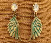 Load image into Gallery viewer, Blue &amp; Gold Tone Angel Wing Drop Earrings on Stud Setting
