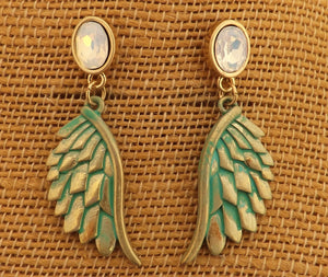 Blue & Gold Tone Angel Wing Drop Earrings on Stud Setting