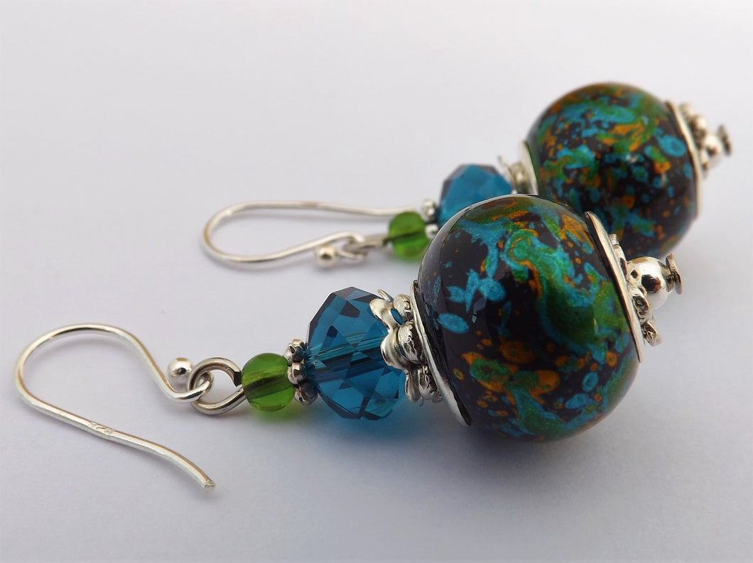 Blue, Green & Black Metallic Splatter Bead Earrings