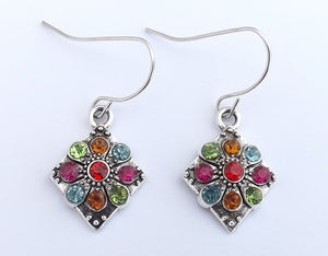 Blue, Green, Pink, Orange Bling, Silver Tone Round Drop Earrings