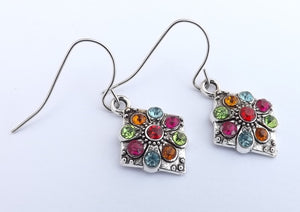 Blue, Green, Pink, Orange Bling, Silver Tone Round Drop Earrings