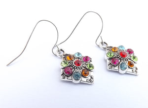 Blue, Green, Pink, Orange Bling, Silver Tone Round Drop Earrings