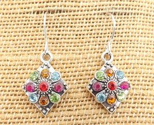 Blue, Green, Pink, Orange Bling, Silver Tone Round Drop Earrings
