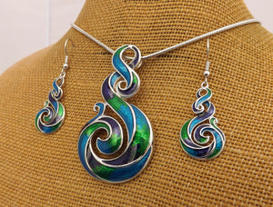 Blue, Green, Purple & Silver Tone Hook Koru Pendant Necklace & Earrings Set