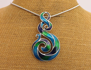 Blue, Green, Purple & Silver Tone Hook Koru Pendant Necklace & Earrings Set