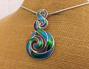 Blue, Green, Purple & Silver Tone Hook Koru Pendant Necklace & Earrings Set