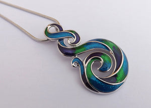 Blue, Green, Purple & Silver Tone Hook Koru Pendant Necklace & Earrings Set