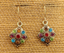 Load image into Gallery viewer, Blue, Green, Red Bling, Gold Tone Round Drop Earrings
